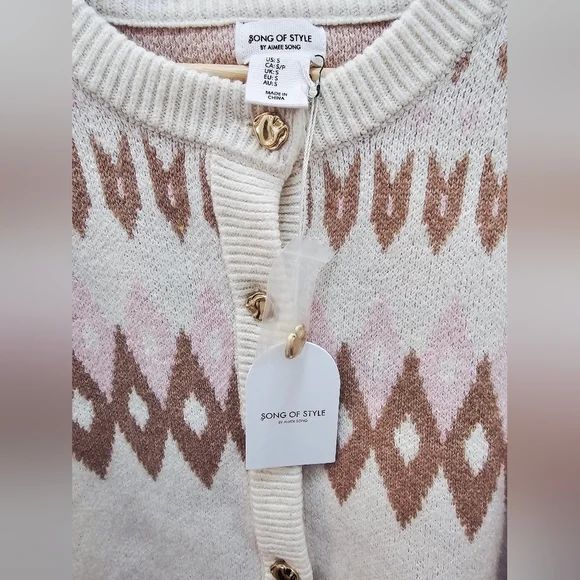 Song Of Style By Amee Song Women's Cream and Brown Patterned Sweater. Size S - Picture 3 of 6